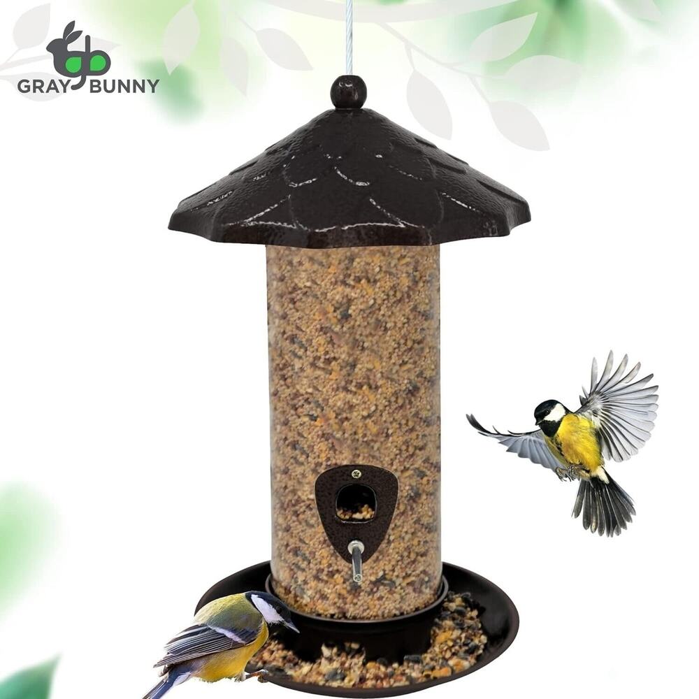 Gray Bunny Metal Bird Feeders for Outdoors Hanging, 2-Port, Large Capacity
